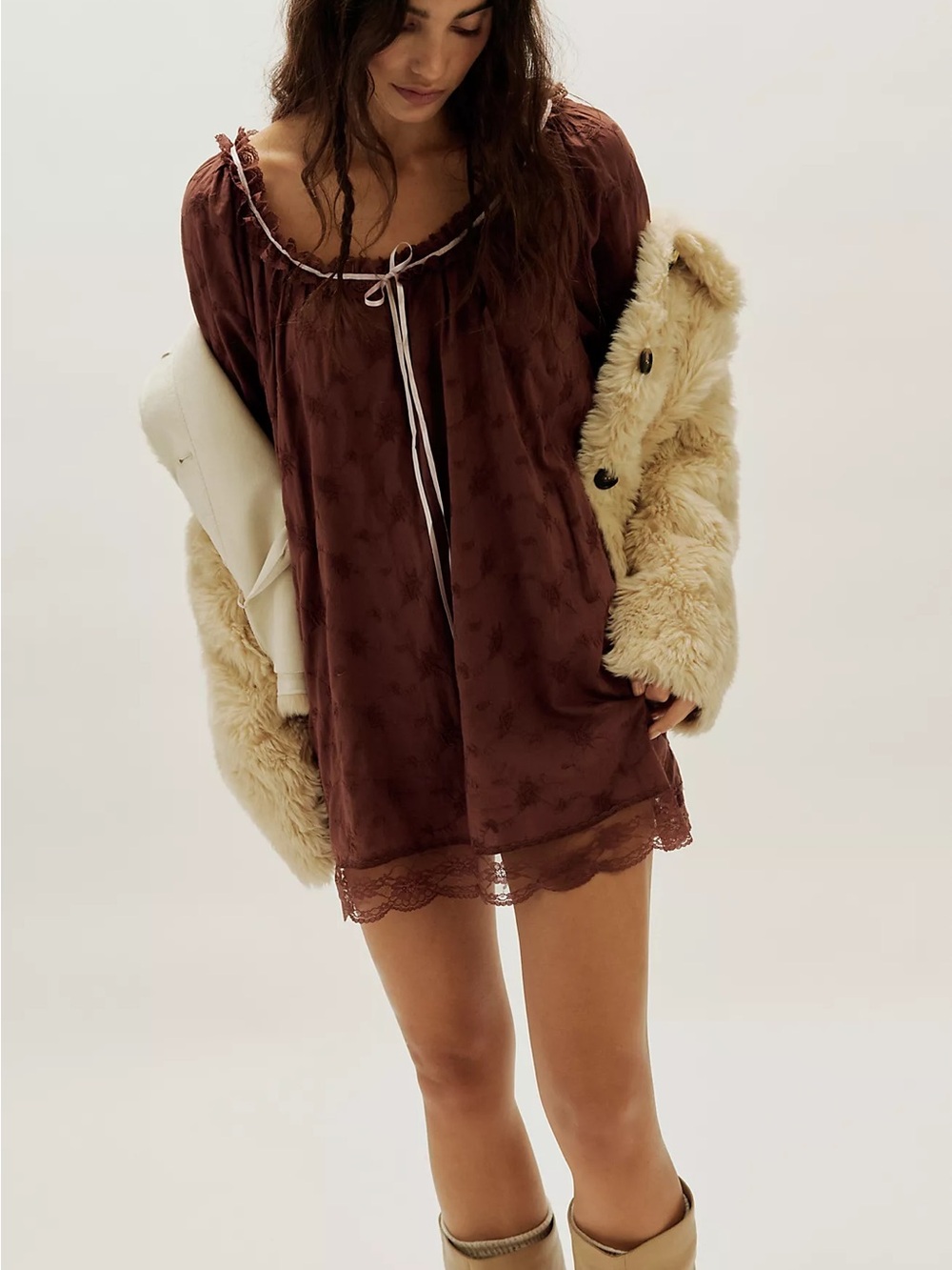 Brown Juno Lace-Trim Mini Dress with Tie Neck, Size Large.